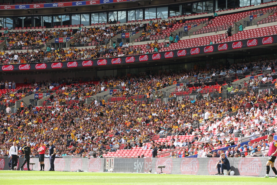 Image of Newport and Tranmere fans during 2019 play-off Final.