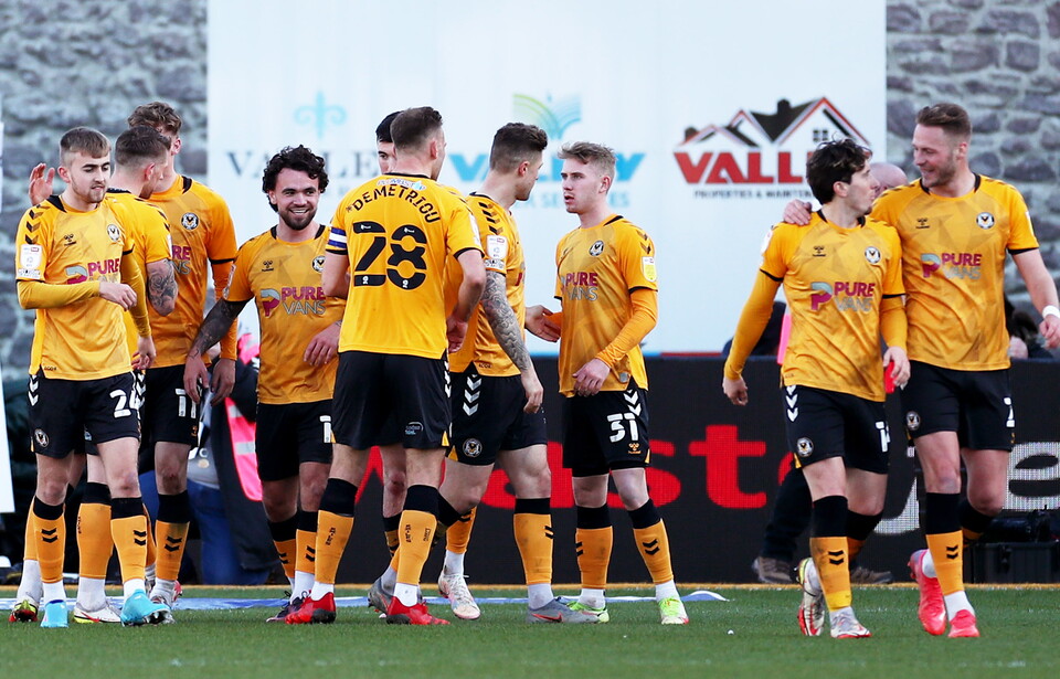 Dom Telford of Newport County celebrates scoring his sides second goal.