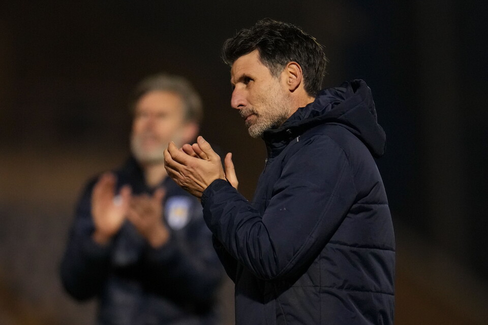 Colchester United Manager Danny Cowley celebrates at full-time.