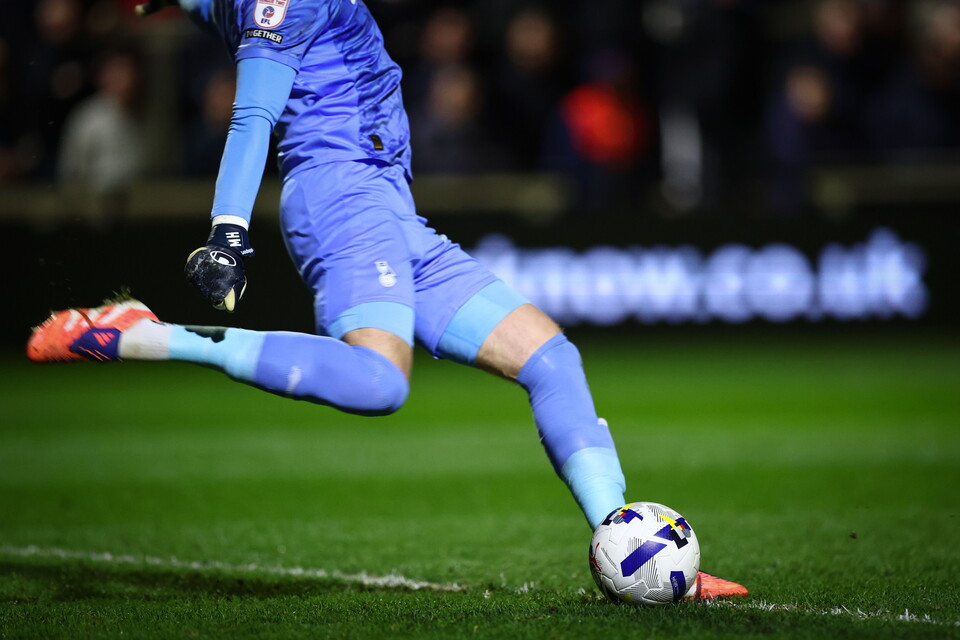 The EFL Puma match ball at the feet of Mathew Hudson of Oldham Athletic