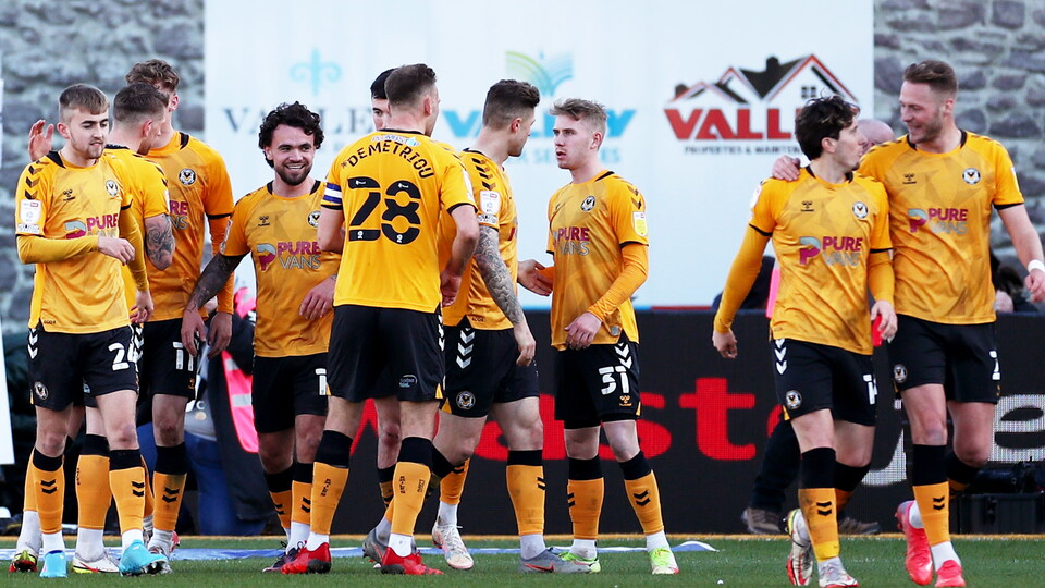 Dom Telford of Newport County celebrates scoring his sides second goal.